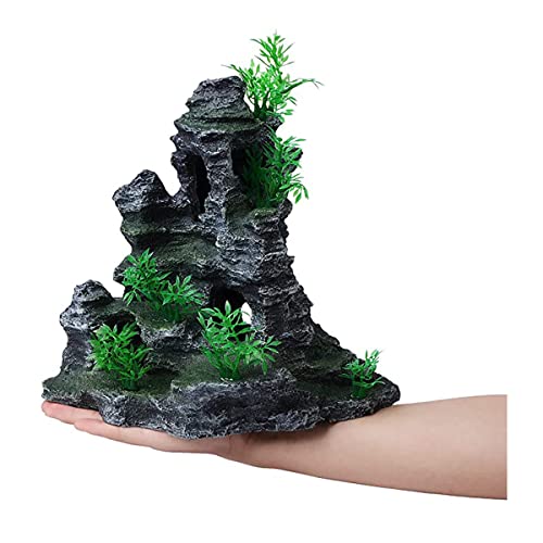 AnRui Aquarium Mountain View Rock Landscaping Decorations Fish Tank Resin Rock Hiding Cave Ornaments with Small Plant - size: 11.5"x 6"x 10.6"