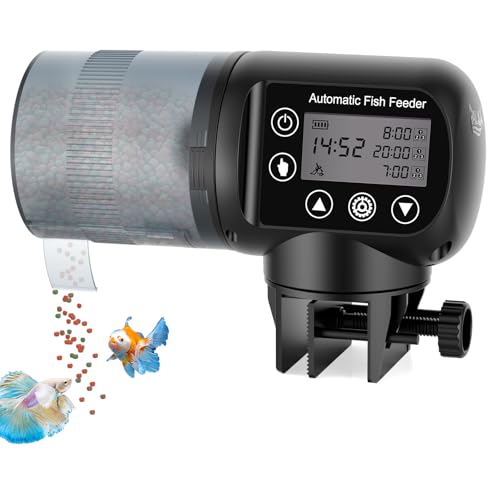 AQQA Automatic Fish Feeder for Aquarium, 200ML Large Capacity Fish Food Dispenser with Programmable LCD Timer, Moisture-Proof Silent Auto Feeder for Vacation, Betta Turtle Koi Goldfish Small Tank