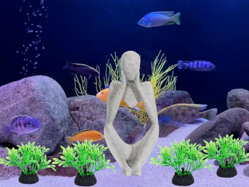 Meditation Buddha Statue Aquarium Decor with Small Plastic Grass Fish Tank Ornament for Betta, Goldfish, and Freshwater Tanks
