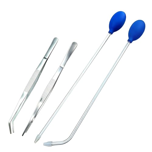 Aquarium Reptile Fish Feeder Tool Set – 2 Coral Feeder Pipettes (18.5 Inch), 11.81 Inch Stainless Steel Curved & Straight Tweezers, Long Handle Tools for Reef Tank & Terrarium Care