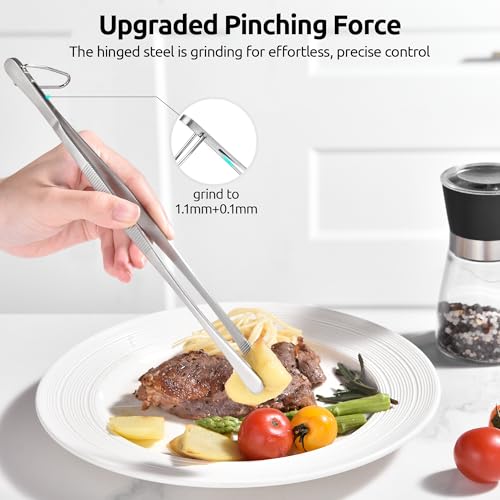 U-Taste 10in Kitchen Cooking Tweezer: 18/8 Stainless Steel Food-Grade Metal Food Tong, Seamless-Welding, Sturdy, Flexible and Non-Slip for Pasta Salad Serving, Grilling, Frying, Baking (Round Tip)