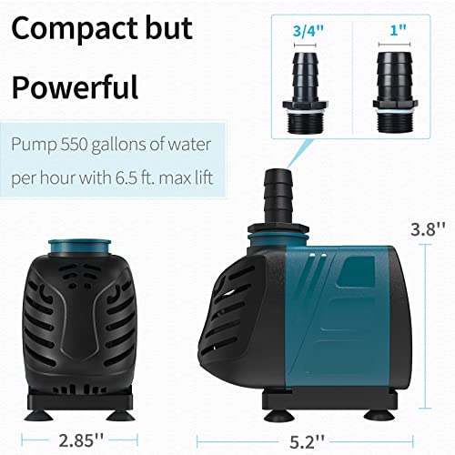 Uniclife Aquarium 550 GPH Submersible and Inline Water Pump 45W 6.5ft High Lift AC 120 V Quiet Compact Return Pump with 6 ft. Power Cord for Fish Tanks Pond Waterfalls Fountains Sumps and Gardens - size: 550GPH