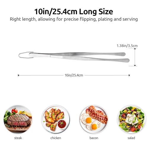 U-Taste 10in Kitchen Cooking Tweezer: 18/8 Stainless Steel Food-Grade Metal Food Tong, Seamless-Welding, Sturdy, Flexible and Non-Slip for Pasta Salad Serving, Grilling, Frying, Baking (Round Tip)