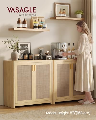 VASAGLE ELLAN Collection - Boho Buffet Cabinets with Rattan-Look Doors, Sideboard Storage Cabinet, Rounded Corners, Adjustable Shelf, for Kitchen Dining Room, Set of 2, Oak Beige UBBK345YC01-2J - color: Oak Beige (Without Drawer), size: 2 Pcs
