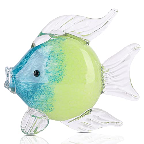 QIANLING Glass Fish Figurines - Coastal Home Decor, Modern Ocean Centerpieces for Living Room, Dining Area, Bathroom, Office, Coffee Table, Beach House, Nautical, Seaside, Entrance, Shelf Display - color: Blue & Green Fish