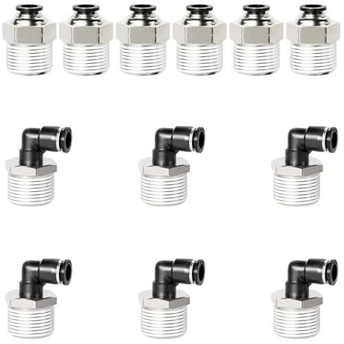 TAILONZ PNEUMATIC Elbow and Straight Combination 1/4 Inch Tube OD x 1/2 Inch NPT Thread Push to Connect Fittings PC-1/4-N4+PL-1/4-N4(Pack of 12) - size: 1/4"OD x 1/2"NPT