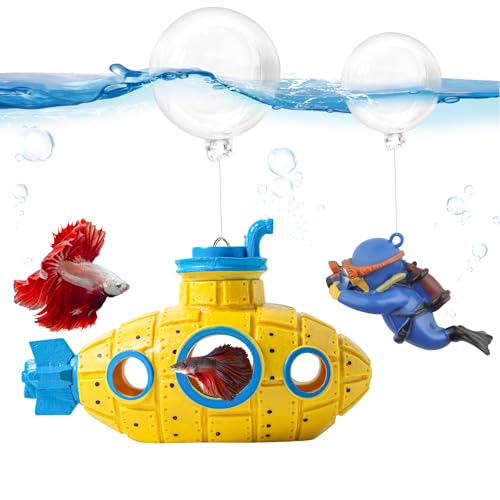 New Upgrade Floating Fish Tank Decoration, Cute Retro Submarine Set and Floating Diver,Three Float Balls, Aquarium Decorations Resinous Betta Fish Tank Accessories - color: Yellow
