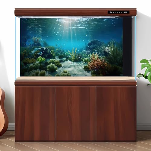 Under The Sea Aquarium Background Deep Sea Coral Reef Fish Tank Background Underwater Rock Aquatic Plants Sunray Terrarium Backgrounds Tropical Fish Deep Ocean Floor Fish Tank Backgrounds 30x12in - color: Ocean Blue, size: 24(W)x12(H)inches/ 60(W)*30cm(H)