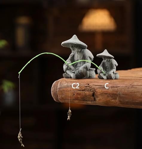 livelyfish Mini Fisherman Statue Asian Zen Decoration Sitting Fishing Figurines Sandstone Vintage Ornament for Aquarium Fish Tank Pot Garden Home Japanese Decor (C2) - color: C2