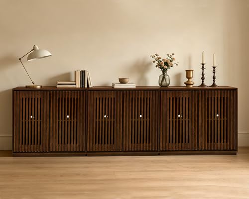 LKTART Narrow Buffet Cabinet Sideboard with Storage, Mid Century Modern Accent Credenza Cabinet with Doors & Shelves, Wood Coffee Bar TV Media Console Table for Kitchen,Entryway,3 Pieces - color: B- Walnut, size: 3 Pieces