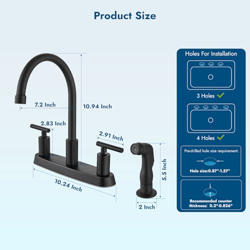 Kitchen Faucet, High Arc 360° Swivel Spout, 2-Handle 8 Inch Centerset Kitchen Sink Faucet with Side Sprayer, 3 or 4 Hole Kitchen Faucet for RV, Utility & Laundry Sink, Matte Black - color: Matte Black