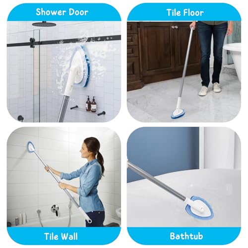 Shower Scrubber, Bathroom Tub and Tile Cleaner Brush with Long Handle, 47'' Bathtub Cleaning Tool with 6 Refill Pads - color: Blue, size: Scrubber with Long handle