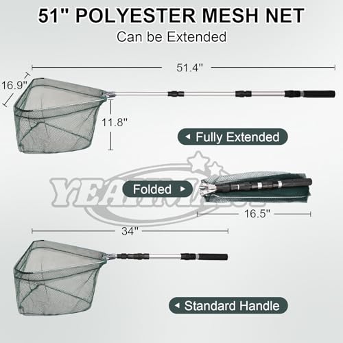 Yeahmart Fishing Landing Net with Telescopic Aluminum Handle Pole, Collapsible Nylon Mesh Minnow Fish Net for Saltwater & Freshwater, Portable Fishing Gear for Kids, Men, Women, Extends 21-75 Inches - style: 51" Full Length (3 Sectional Handle)