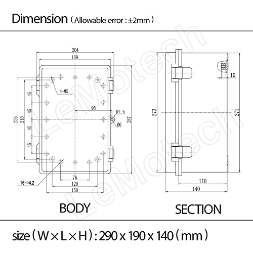 ABS Plastic Dustproof Waterproof IP65 Junction Box Hinged Shell Universal Electrical Project Enclosure Gray, with PC Transparent Clear Cover 11.4 x 7.5 x 5.5inch(290 x190 x140mm) - size: 11.4" x 7.5" x 5.5"