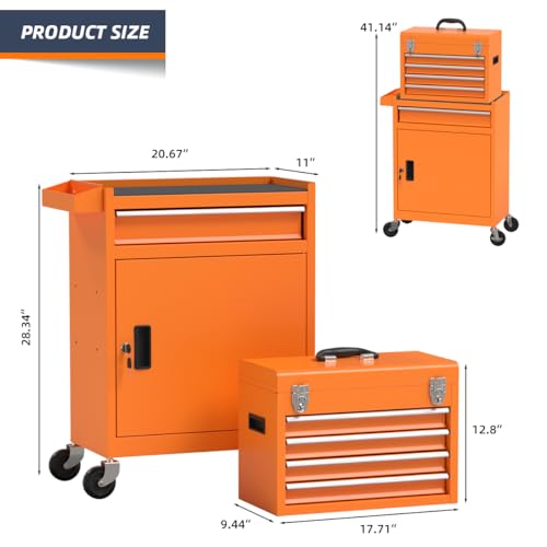 5-Drawer High Capacity Rolling Tool Chest, Removable Cabinet Storage Tool Box with Wheels and Drawers, Detachable Toolbox with Lock for Mechanics Garage Workshop and Tool Room (Orange) - color: Orange