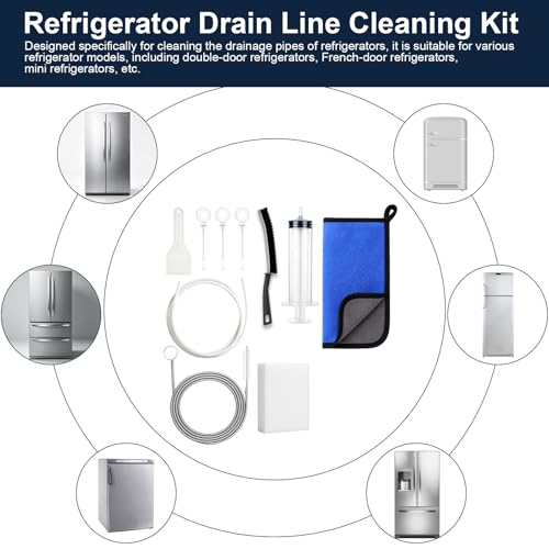 XANGNIER 10 Pcs Refrigerator Water Line Cleaning Kit,Refrigerator Drain Cleaner Tool–55.6 Inch Flexible Drain Brush,Syringe,Unclog Fridge&Ice Maker Cleaner Tools for Ice Dispenser,Sink,AC Drain Line - size: 10 pcs