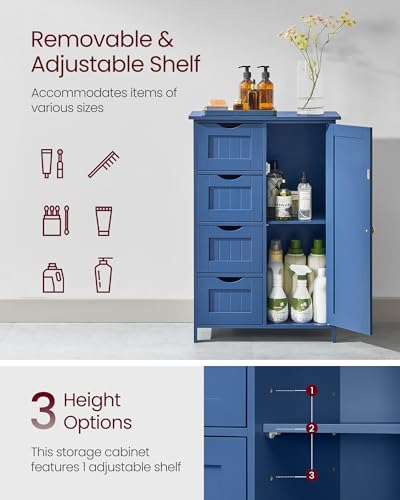 VASAGLE Storage Cabinet with Drawers, Freestanding Floor Cabinet with Door, 11.8 x 21.7 x 32.3 Inches, Adjustable Shelf, for Bathroom, Living Room, Kitchen, Bijou Blue ULHC041QE01S - color: Bijou Blue, style: 1 Door + 4 Drawers（32.3"）