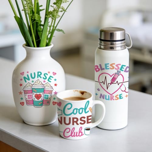 Peacoblue 18 Sheets Rub on Transfers for Crafts, Nurses' Day Text 3.6"x3.9" UV DTF Cup Wraps Waterproof Cold Transfers Stickers for Wood Glass Metal Cup Tumblers Mirrors Mugs Home Decor - style: Nurses' Day Text