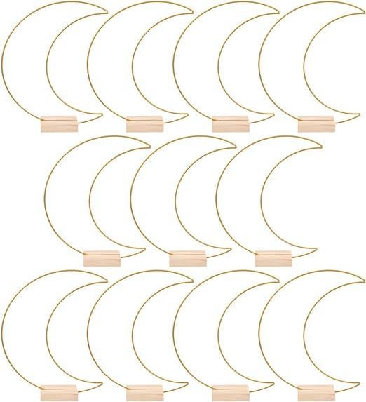 Dining Table Decor 10 Sets Metal Floral Hoop Moon Shaped Metal Wreath Ring Stand with Wood Holder Centerpiece Table Decor for DIY Xmas Wedding Table Decor Flower Garlands (Moon,26x20cm