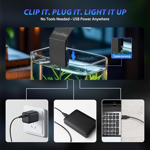 Mini Clip-On Aquarium Light 7W USB Dimmable Fish Tank Lamp with 3 Light Modes (Full Spectrum/White/RGB), 9-Level Brightness, Compact LED Light for 1–3 Gallon Aquariums (Adapter Not Included) - color: Black