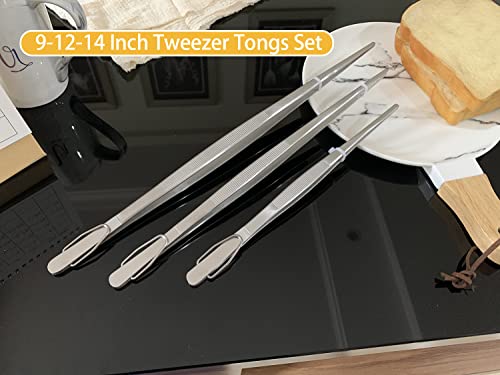 JETKONG Extra Long Kitchen Tweezers Heavy Duty Stainless Steel Cooking Tweezers, Set of 3 (9 12 14 Inch, Silver) - color: Silver, size: 9 12 14 Inch