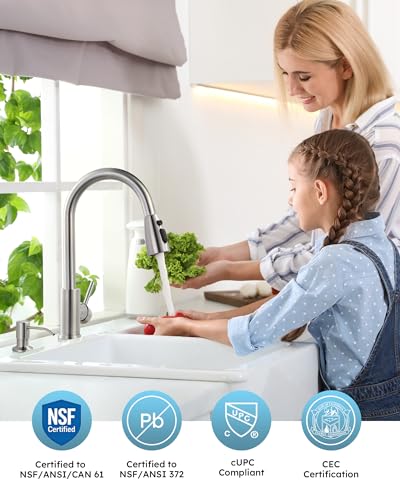 WOWOW Kitchen Faucet with Soap Dispenser: 304 Stainless Steel Kitchen Sink Faucet with Pull Down Sprayer 3 Modes, Single Handle High Arc Mixer Taps for Sink, RV, Laundry, Bar (Brushed Nickel) - color: A: Brushed Nickel, style: Kitchen Faucet with Soap Dis