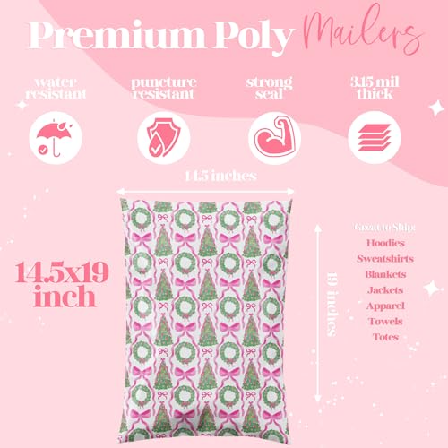 14.5x19 Designer Poly Mailer 100 Pack Heavy Duty Waterproof Self Seal Shipping Bags for Small Business Large Mailing Envelopes Bulk Tear Resistant Packaging Coquette Christmas Holiday Bows - color: Coquette Christmas, size: 14.5x19
