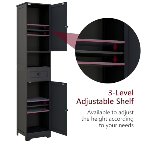 Tall Bathroom Cabinet,Storage Cabinet with 5 Shelves & 1 Drawer, with Adjustable Shelve, for Bathroom, Kitchen, Entryway, Living Room (Black) - color: Black