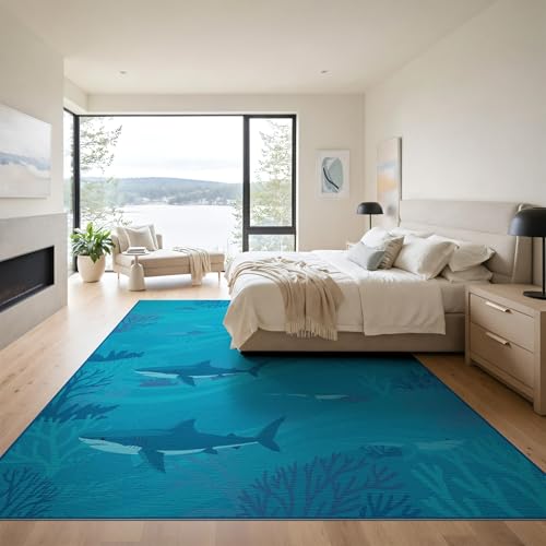 9'x12' Washable Contemporary Shark Oversized Rug, Blue Non-Shedding Pet Friendly Carpet for Master Suite, California King, Under Bed, Foldable Easy Care Mat | Ref:2068649 - color: Blue/Pattern 13, size: 9' x 12' (Rectangular)