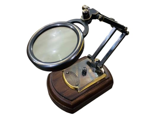 Vintage Magnifying Glass, Adjustable Arm, Brass Accents, Vintage Magnifying Glass with Adjustable Arm, Brass and Wood Base