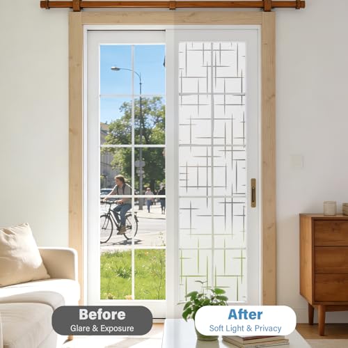 Finnez Frosted Window Film Non-Adhesive, Static Cling Privacy Film for Glass, No Glue Decorative Cling for Home Office Bathroom UV Protection Cross Pattern 17.5 X 157.4 Inches - color: Cross Pattern, size: 17.5 x 157.4 inches