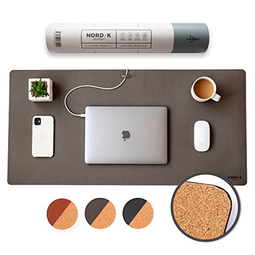 Nordik Cork Leather Desk Mat Cable Organizer - Gunmetal Grey 35 X 17 inch - Premium Extended Mouse Mat for Home Office Accessories - Non-Slip Vegan Leather Desk Pad Protector & Desk Blotter Pad - color: Cork Gunmetal Gray