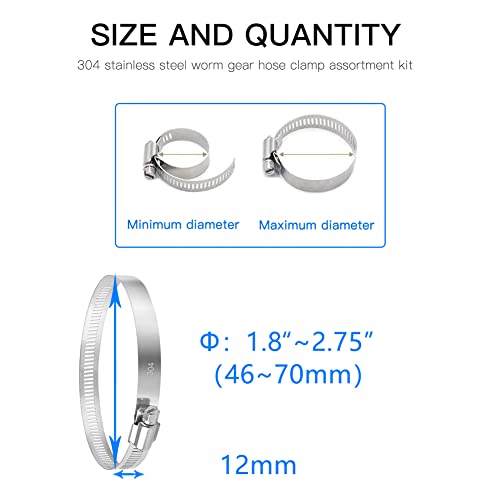 Quickun 10Pcs 2-1/2" Stainless Steel Hose Clamp Worm Gear Clamps Adjustable 1.8"-2.75"(46-70mm) Range, Fuel Line Clamp for Water Pipe, Hose Clips, Automative and Mechanical Application - size: 1.80"-2.75"