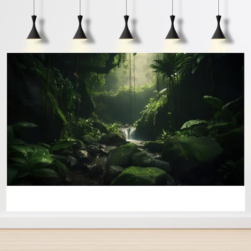 Foggy Forest Terrarium Background Stone Green Tree Stream Scenery Tropical Rainforest Aquarium Background Durable Reptile Habitat Background Mysterious Vinyl Tank Background 24x12in - color: Rock Moss Green, size: 24(W)x12(H)inches/ 60(W)*30cm(H)