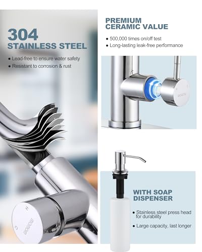 Chrome Kitchen Faucet with Soap Dispenser, WOWOW Stainless Steel Faucet for Kitchen Sink 2 or 4 Hole, High Arc Single Handle Pull Down Kitchen Faucet for Sink, RV, Laundry, Bar - color: Chrome, style: Kitchen Faucet with Soap Dispenser