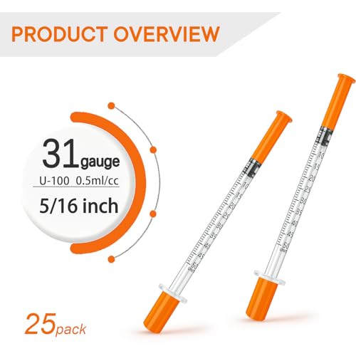 U-100 0.5ml 31g 5/16" Inch Syring, Individually Packed, Lab Supplies, PACK 25. - size: 0.5ml-31G 5/16"-25