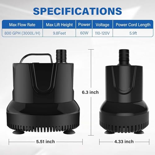 Simple Deluxe 800GPH 60W Bottom Suction Water Table Pump (3000L/H) with 3 Nozzles for Fish Tank, Pond, Aquarium, Hydroponics, Black - size: 800GPH-BOTM