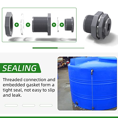 TAISHER 2PCS Black PVC 1/2'' Bulkhead Tank Connector Adapter Fitting with Plugs & Gasket for Water Tank, Rain barrels, Aquariums, Bathtubs and Sink - size: 1/2"(PVC) with Plugs & Gasket