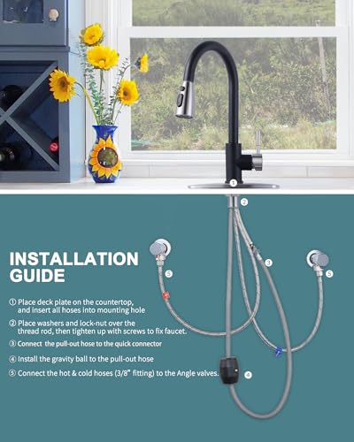 WOWOW Kitchen Faucets for Sink 1 or 3 Hole, High Arc Stainless Steel Kitchen Sink Faucet with Sprayer, Brushed Nickel and Black Faucet for Kitchen RV Laundry Sinks - color: Black & Brushed Nickel, style: Kitchen Faucet
