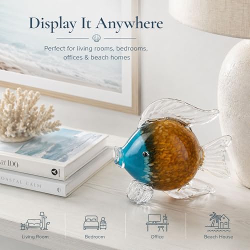 QIANLING Glass Fish Figurines - Coastal Home Decor, Modern Ocean Centerpieces for Living Room, Dining Area, Bathroom, Office, Coffee Table, Beach House, Nautical, Seaside, Entrance, Shelf Display - color: Blue & Brown Fish