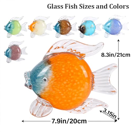 QIANLING Glass Fish Figurines - Coastal Home Decor, Modern Ocean Centerpieces for Living Room, Dining Area, Bathroom, Office, Coffee Table, Beach House, Nautical, Seaside, Entrance, Shelf Display - color: Blue & Orange Fish