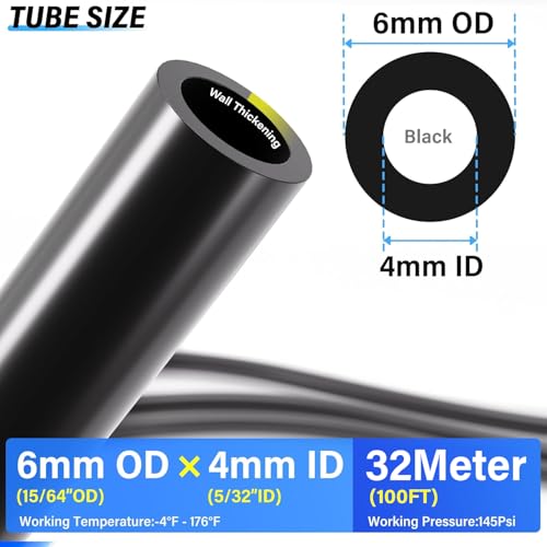 TAILONZ PNEUMATIC Black 6mm OD 4mm ID Polyurethane PU Air Hose Pipe Tube Kit 32 Meter 100ft - color: Black, size: 6mm OD/100ft/32m