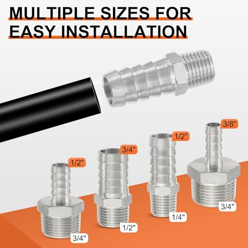 2 Pack Stainless Steel Hose Barb to NPT Male Adapter, 3/8" Barb x 3/8" NPT Male for Industrial, Automotive, Fluid Transfer, Home Gardening - size: 3/8" Barb To 3/8" NPT Male