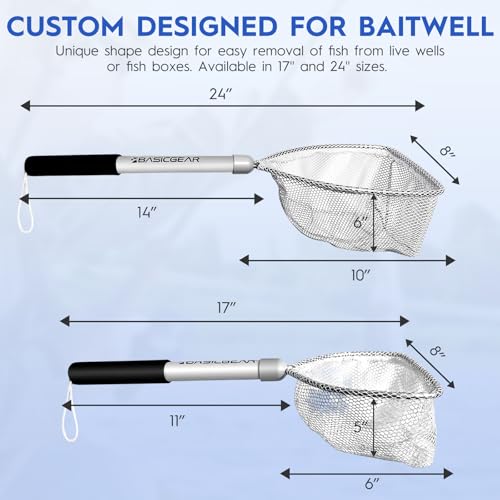 BasicGear Compact Baitwell Net for Live Bait – Soft Nylon Mesh, Aluminum Frame, EVA Non-Slip Grip & Anti-Drop Rope - size: Small + Medium