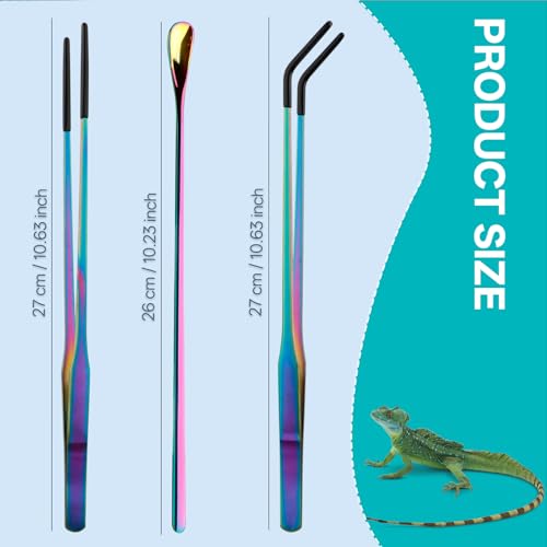 10.6" Colorful Reptile Feeding Tweezers Set with Spoon(3 Pack) | Terrarium & Aquarium Essential Feeding Tools,Appropriate Length,Stainless Steel,Straight & Curved,Soft Rubber Tips
