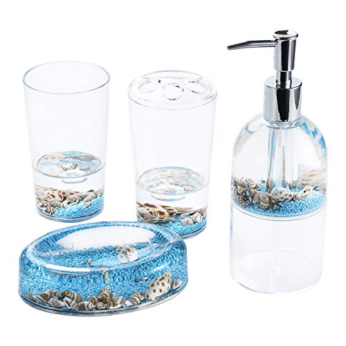 Locco Decor 4 Piece Acrylic Liquid 3D Floating Motion Bathroom Vanity Accessory Set Oceam Theme Sea Shell Conch Toothbrush Holder, Tumbler, Soap Dispenser, Soap Dish - size: 4-piece, style: Conch