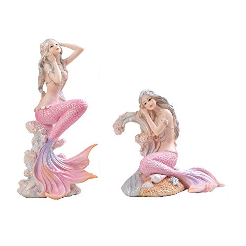 Rayberro Pink Mermaid Figurines 7.28" Resin Mermaid Sculpture Mediterranean Princess Ornaments Home Office Desktop Bookshelf Mermaid Collectible Figurines Crafts Fish Tank Aquarium Decoration - color: Pink Look Up, size: 7.28x3.93x2.75inch