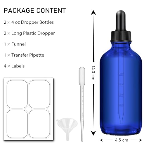 Bumobum 2 Pack Amber and Blue Dropper Bottles, 4oz Glass Bottle with Dropper for Essential Oils with Funnel, Labels & Pipette, Tincture Bottles with Dropper(Unbreakable Plastic Eye Dropper) - color: Amber and Blue