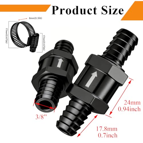 mxuteuk 2Pcs 3/8" 10mm Aluminium Black Non Return One Way Check Valve with 4Pcs 6-12mm Universal Adjustable Hose Clamps for Fuel Petrol Diesel Line Oil - color: Black, size: 3/8" 10mm