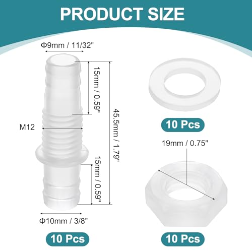 uxcell 10Pcs Plastic Hose Barb Fitting, 11/32" x 3/8" Bulkhead Adapter Union Splicer Mender Pipe Connector with M12 Nut and Washer for Aquarium Air Water Fuel - size: 11/32" x 3/8", M12 Nut